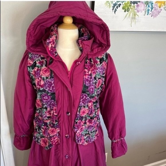 Vintage 80s Rothschild Coat Girls 14 Women’s S/M Pink Floral Puffer Jacket - Picture 3 of 9